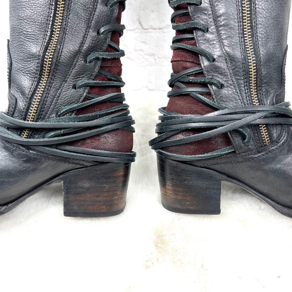 🚫SOLD! 🐎🤠|•FREEBIRD•| Black 'Coal' Lace Up Black Leather & Burgundy Suede🐎 - Picture 6 of 15